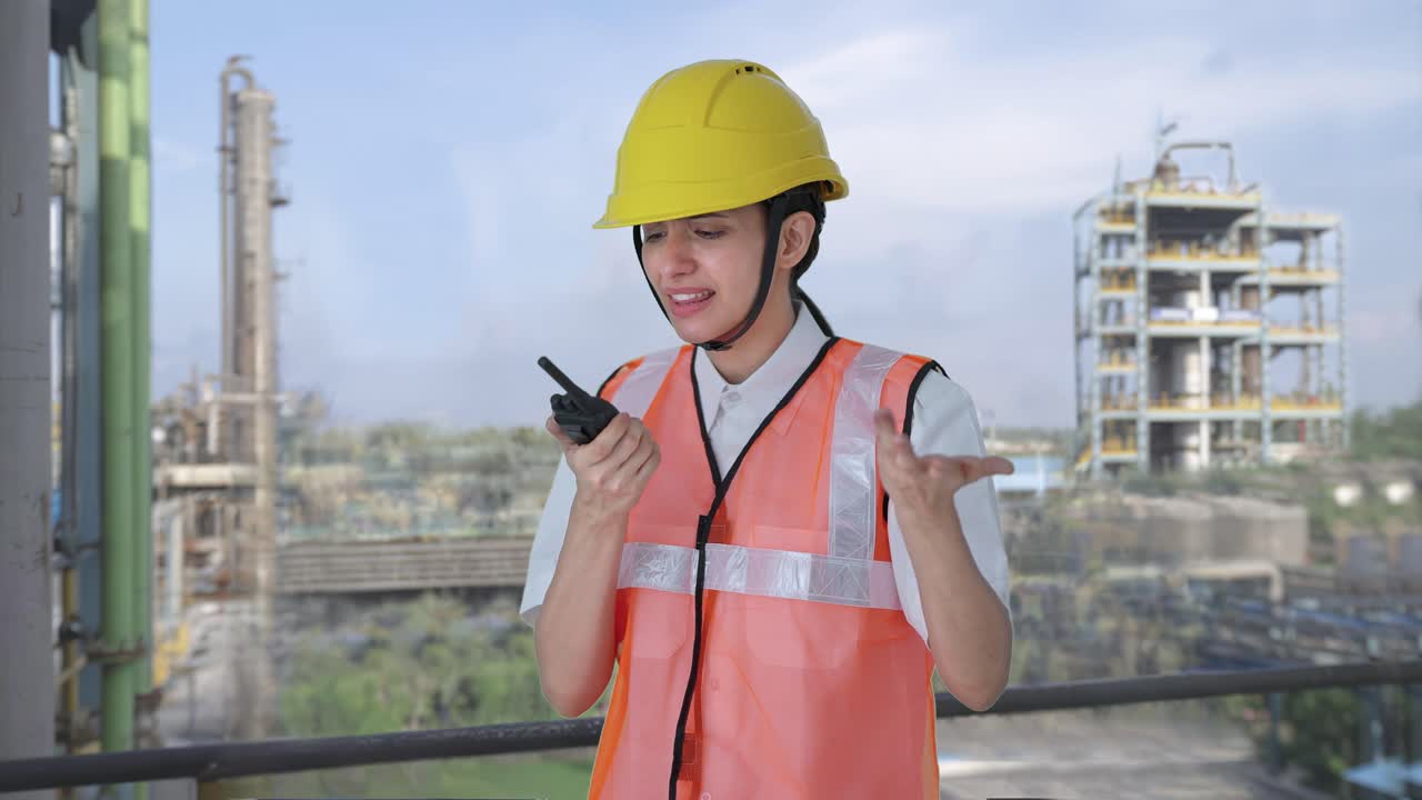 una arquitecta india enojada gritando por el walkie-talkie