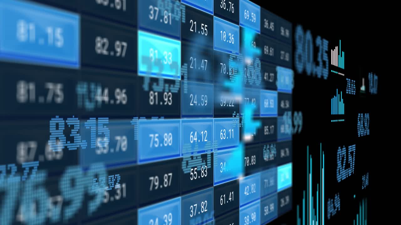 Animation of financial data processing over black background