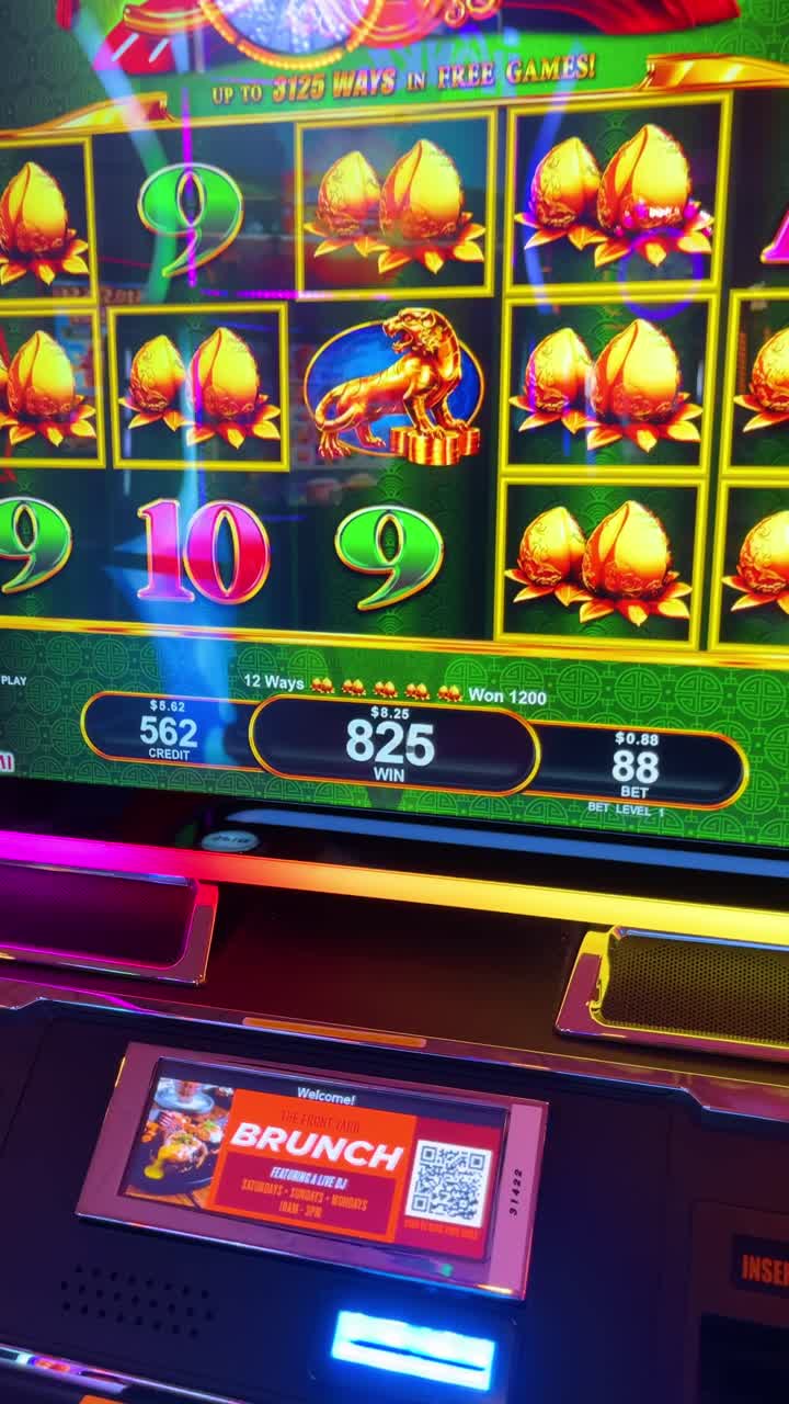 New York, USA, 11 maggio 2025: Primo piano dello schermo di visualizzazione di una slot machine vincente. Display digitale di una macchina da gioco che mostra crediti e un importo della vincita con grafica e numeri colorati.