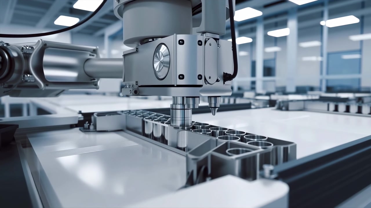 Close view follows metallic robotic head lowering and shifting along orderly rows of machined cylindrical components, surrounded by reflective equipment under bright overhead lighting.