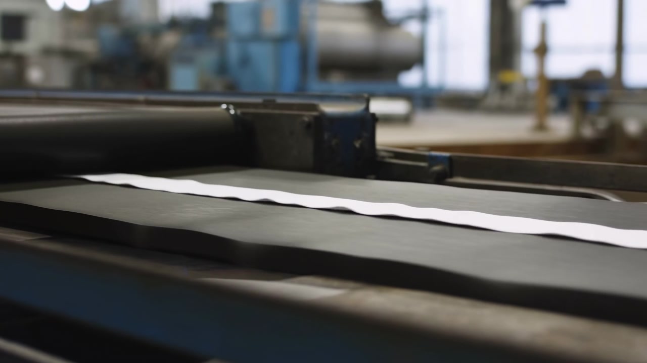 Vista em ângulo baixo de maquinaria de transporte industrial dentro de uma oficina, com uma tira de papel branca repousando sob um rolo de metal, enfatizando peças metálicas, ambiente de fábrica, textura mecânica e limpo.