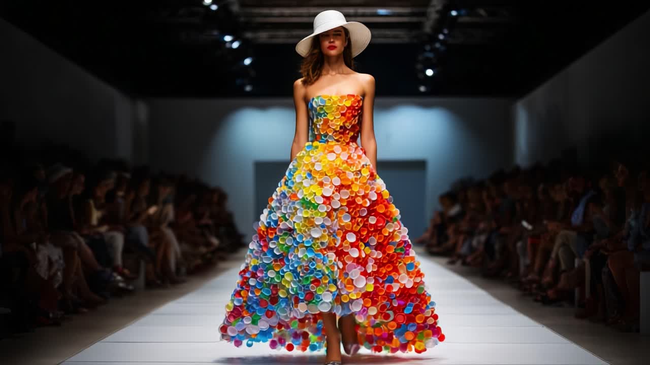 A Dazzling Showcase of Fashion Innovation: A Model Struts Down the Runway in a Vibrantly Colored Dress Adorned with Recycled Plastic Caps for a Stunning Visual Impact