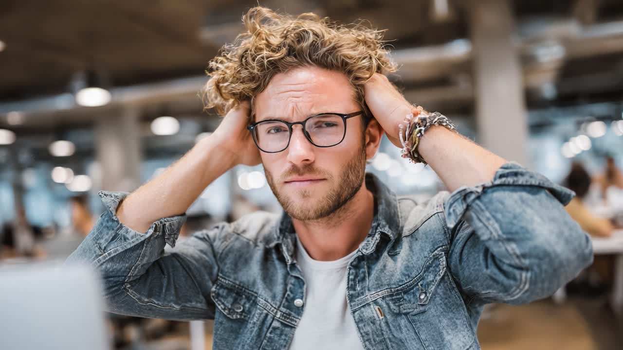 A Young Man in a Modern Workspace Expresses Frustration and Overthinking, Transitioning from Anxiety to Calmness Throughout the Day