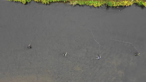 Toma-Aérea-De-Arriba-Hacia-Abajo-De-Un-Pescador-Con-Mosca-Lanzando-A-Lo-Largo-Del-Pintoresco-Río-Salmón-En-Pulaski,-Ny