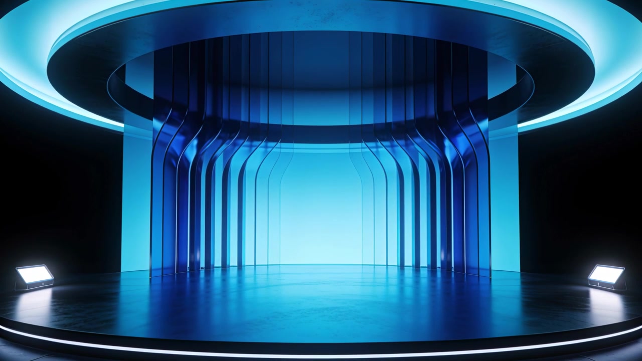 Lighting ring LED revealing circular stage depth in studio with arches and strip and floor lights