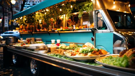 food truck serving colorful dishes at dusk in a bustling urban area