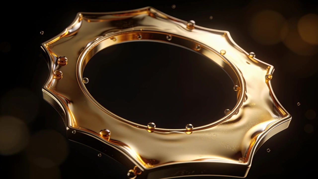 Anello d'oro ornato che ruota su un supporto, inclinando e mostrando una lucentezza metallica in studio con goccioline d'ambra.