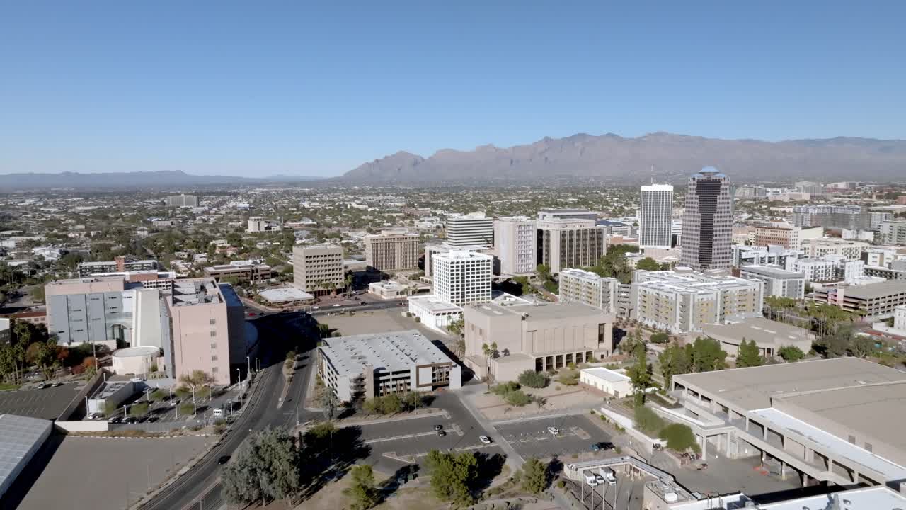 Downtown Tucson, Arizona with drone video moving in wide shot
