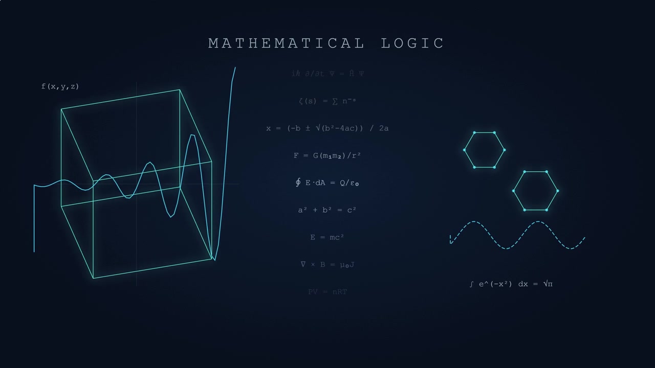 Animated Mathematical Logic Formulas and Geometric Graphs on Dark Background