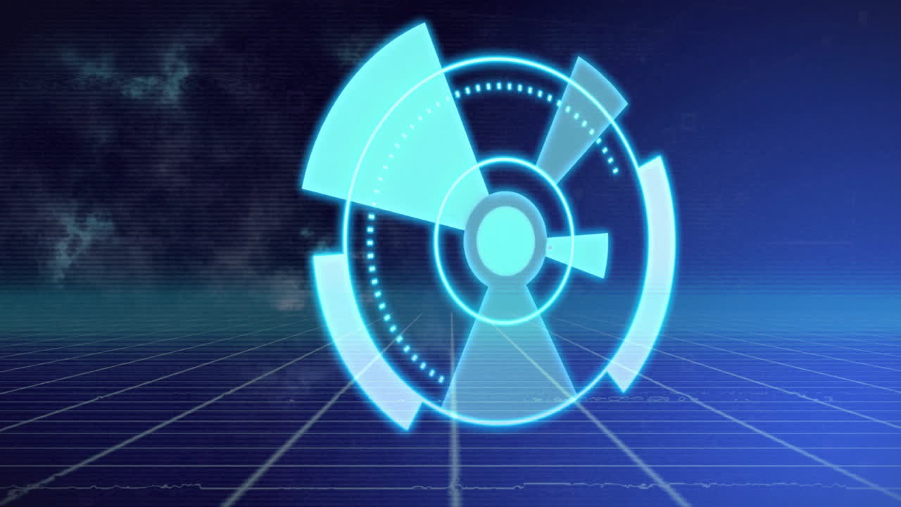 Central holographic ring interface glowing over grid floor, showing floating squares in 3D render