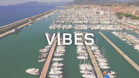 animation of the word vibes in white letters over boats moored at sunny marina