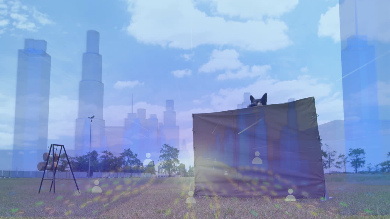 Abstract cityscape animation over outdoor field with tent and clear sky