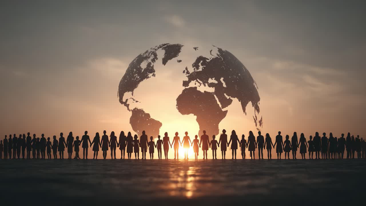 A Diverse Group of People United Against a Backdrop of Earth and Sunset, Symbolizing Global Togetherness and Harmony in Challenging Times