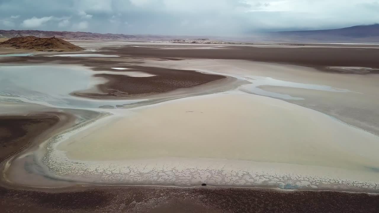 Drone Aerial View of Salt Flat in Los Flamencos National Reserve, Slopes of Atacama Desert, Chile