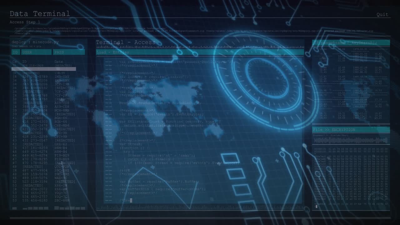 When circuit lines animate inward, console pulsing ring loading logs and graph showing data access