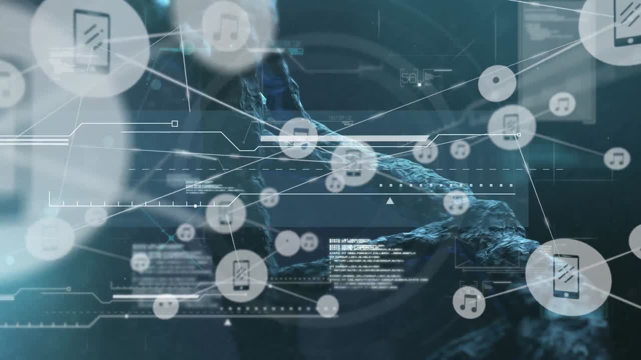 Animation of network of connections over dna strand and data processing on black background