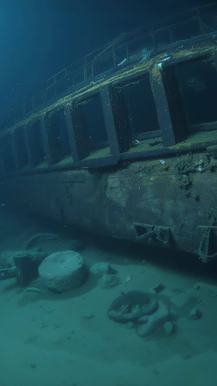 Vertical video: ROV light turning, camera moving along wreck on seabed, surveying rusted hull, rope