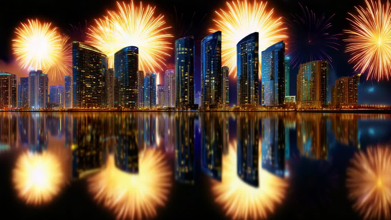 A Spectacular Night Over City Skyscrapers: Vibrant Fireworks Dazzle the Skyline, Illuminating the Reflections on the Water Beneath a Colorful Celebration of Light and Joy in the Heart of Urban Life