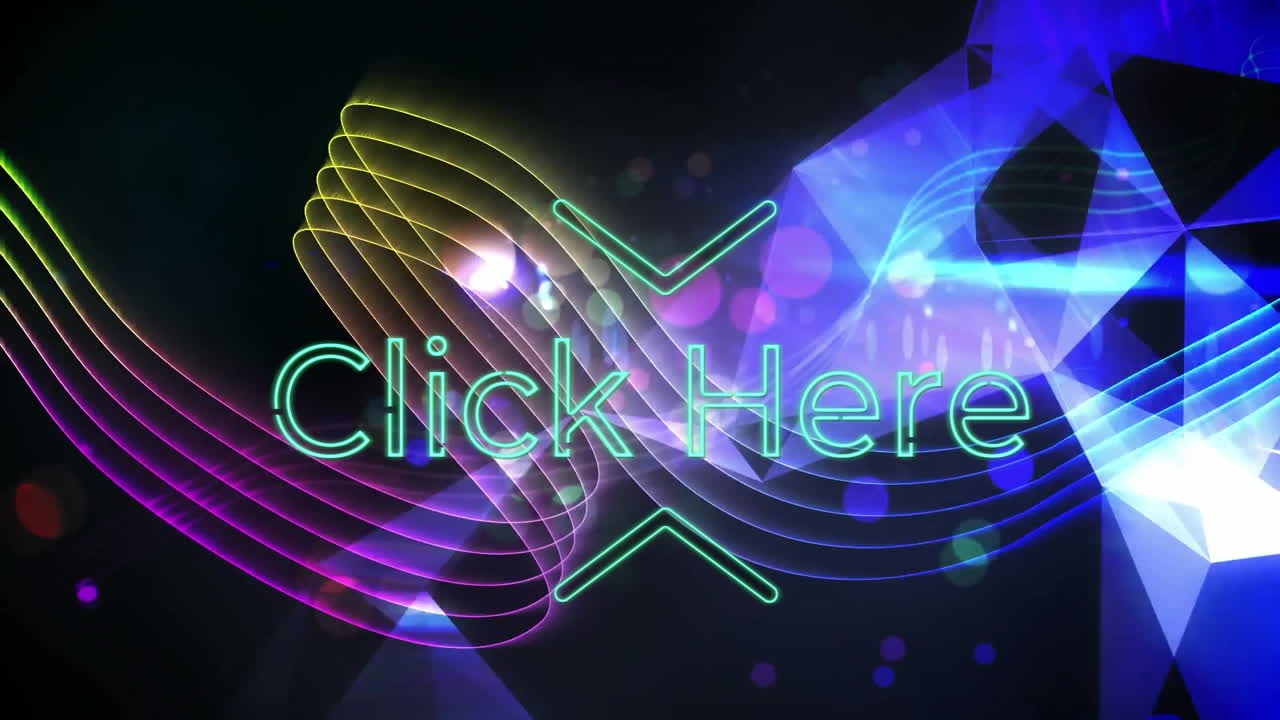 Click Here text over colorful neon wave patterns and glowing dots animation
