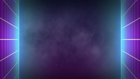 animación de cuadrados de neón y nubes sobre estrellas sobre fondo negro.