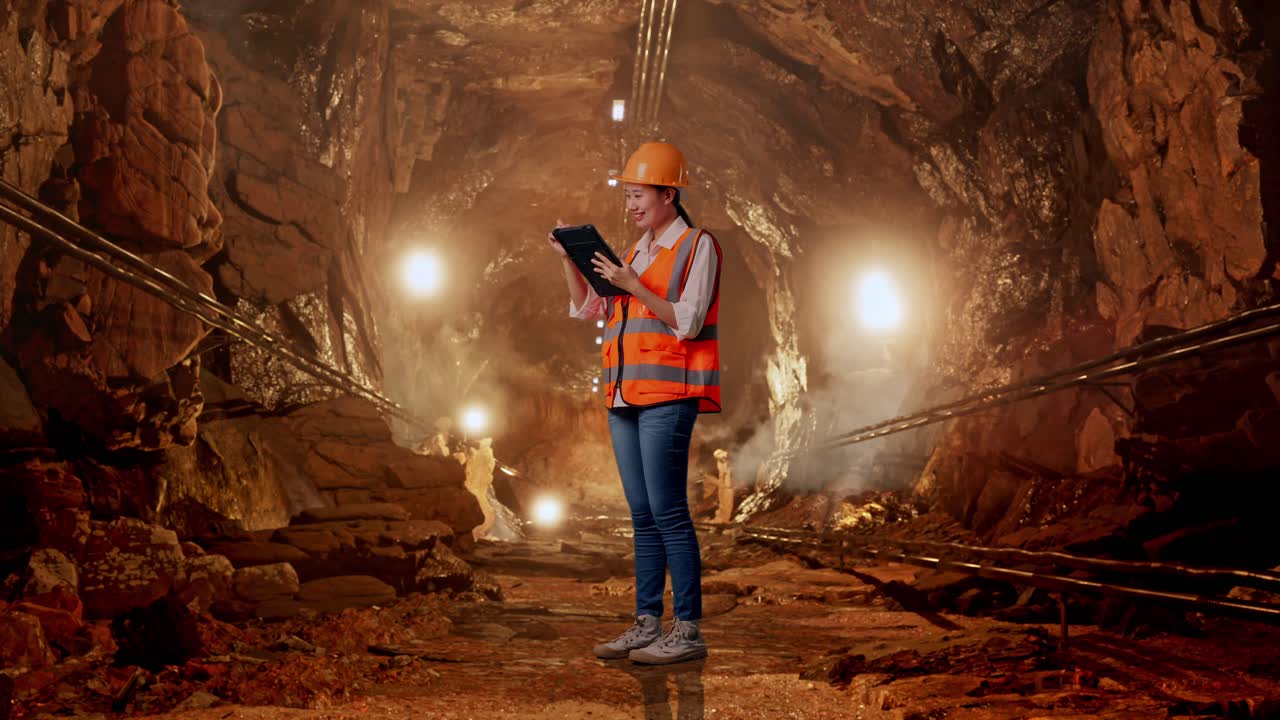 Female Engineer Working in a Mine Tunnel