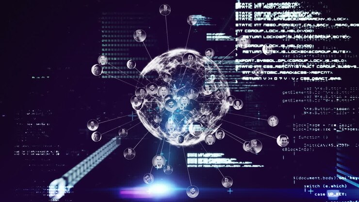 Animation of data processing over globe with people icons