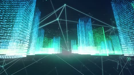 animation of network of connections over glowing 3d cityscape