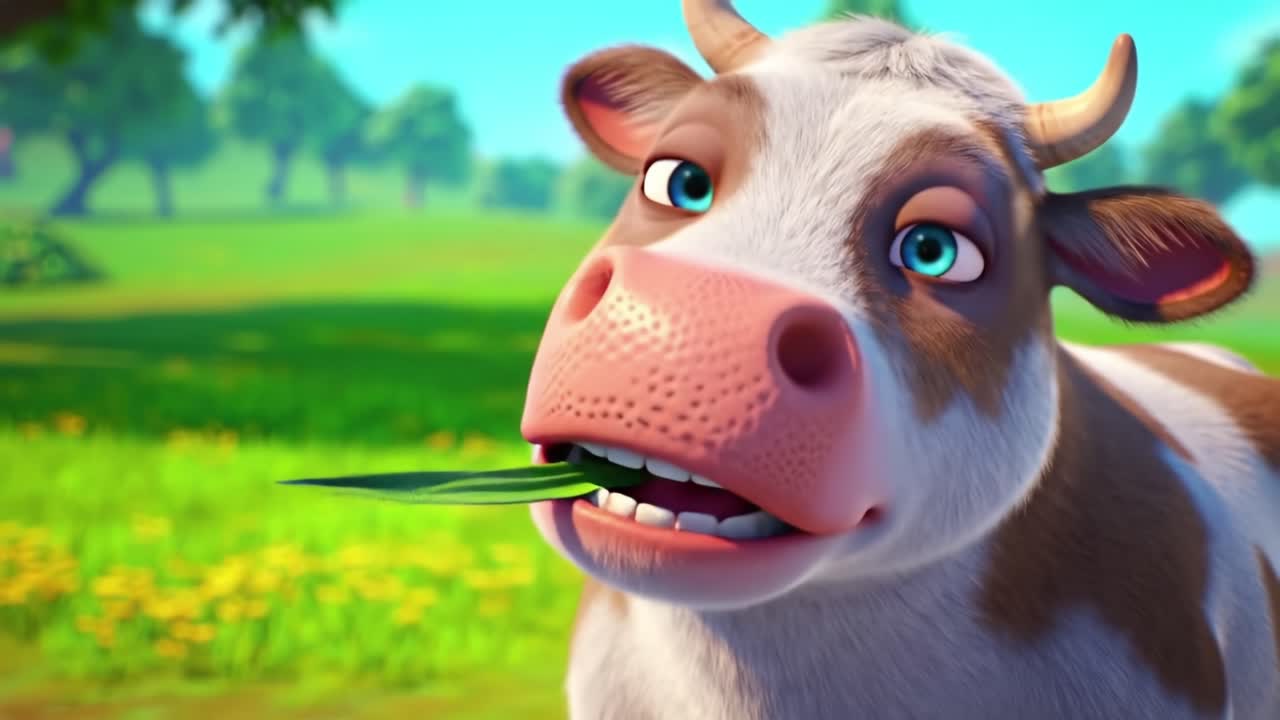 A Cheerful Cartoon Cow Enjoying Fresh Grass in a Lush Green Pasture Under a Bright Blue Sky, Capturing the Essence of Farm Life and Natural Beauty