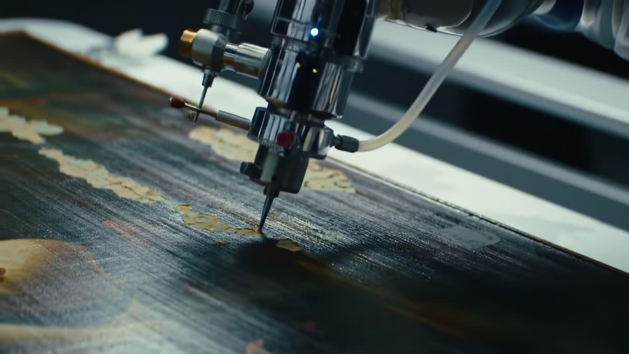 Precision machinery is carefully reworking a damaged artwork, highlighting the intricate process of art restoration. Techniques involve detailed adjustments to preserve the original piece.