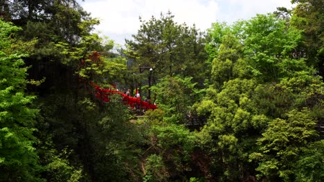 tourists crossing first natural bridge in the world with red bows on railings within lush green vegetation. zhangjiajie, china