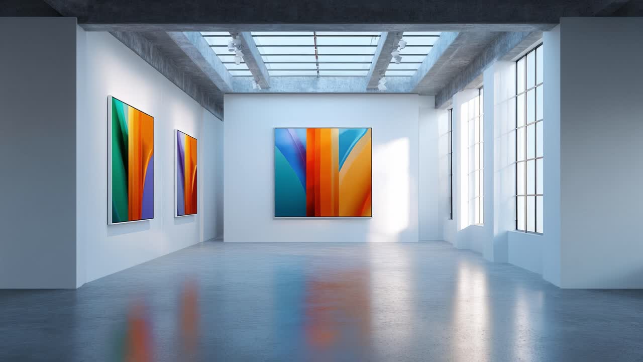 Ausstellung in einer modernen Kunstgalerie mit lebendigen abstrakten Kunstwerken und bunten Streifen, beleuchtet von natürlichem Licht in einem minimalistischen Raum.