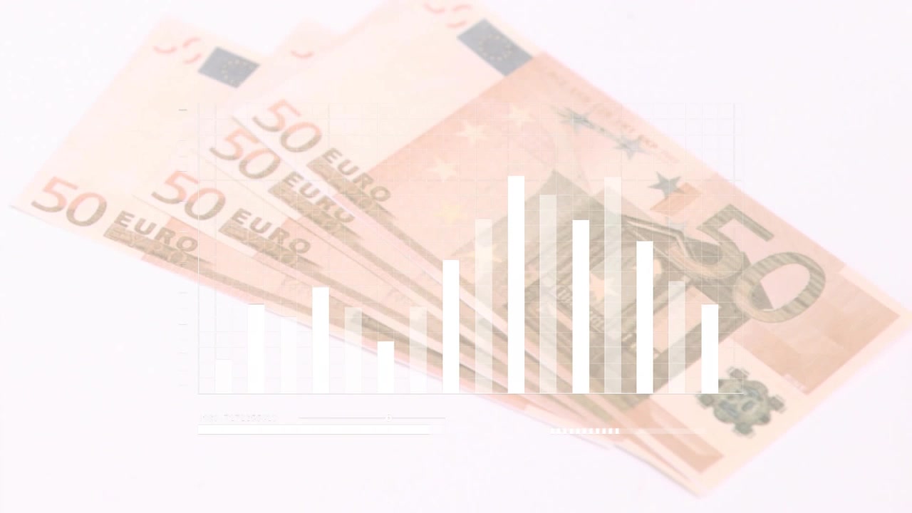 Ved start dukker en 50 euroseddel op, derefter spreder sedler sig ud, mens søjler stiger og viser finansiel vækst.