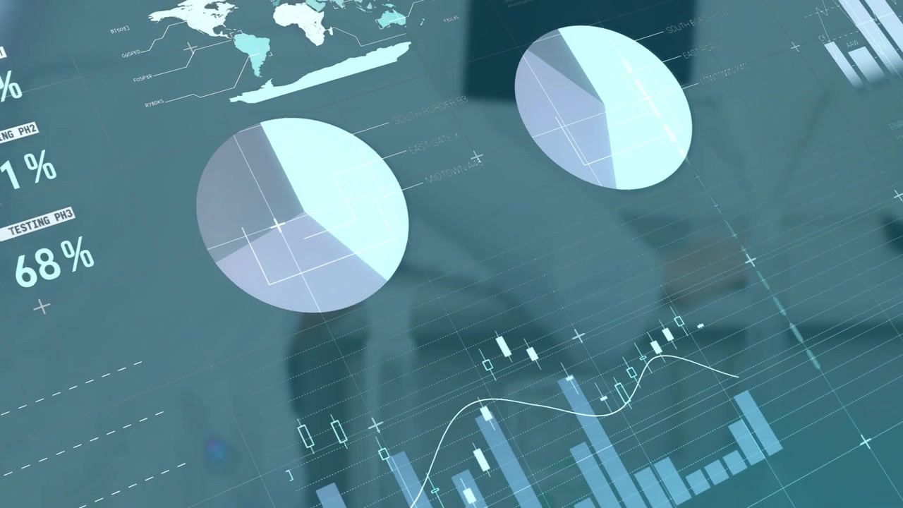 Kontoransatt skriver mens et finansdashbord vises og animerer målere og diagrammer for analyse