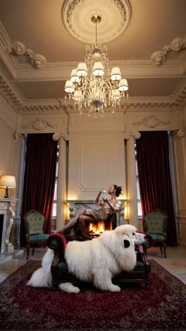 woman and great dane in luxurious interior