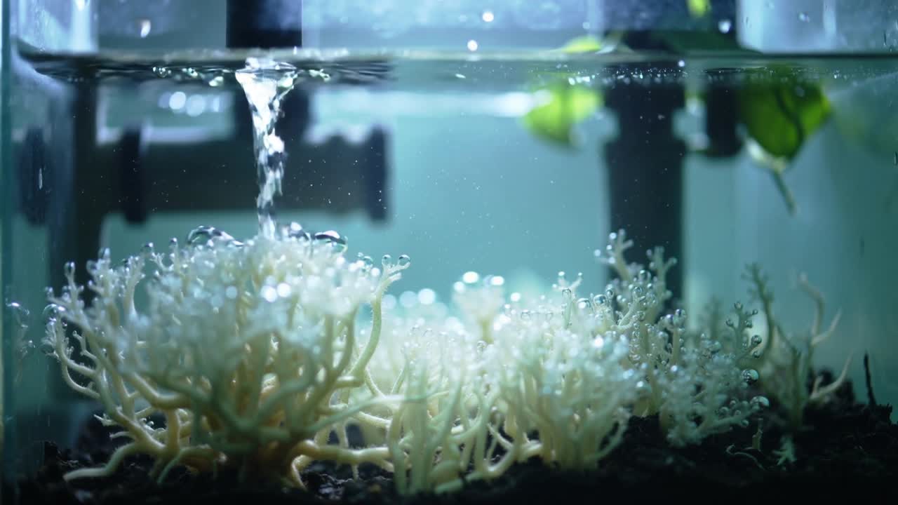 ガラス水槽の中で、水流が入り込み滴となって、淡いサンゴの枝に泡を形成している。