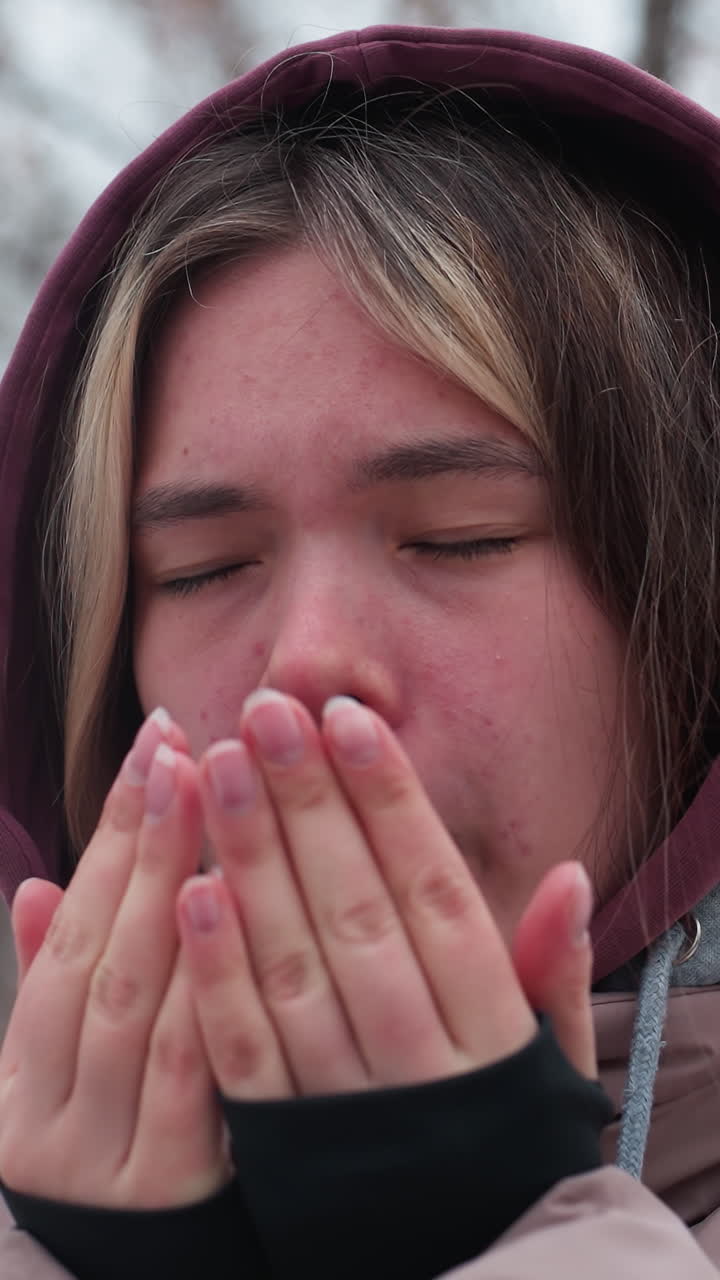 dama en traje de invierno de pie en el frío, frotando la nariz para calentarse, chaqueta con capucha y ropa en capas enfatizan el clima frío, fondo borroso de árboles con bayas rojas