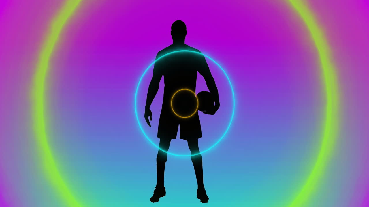 Holding ball, athlete silhouette with colorful animation circles in background