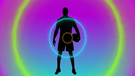 holding ball, athlete silhouette with colorful animation circles in background