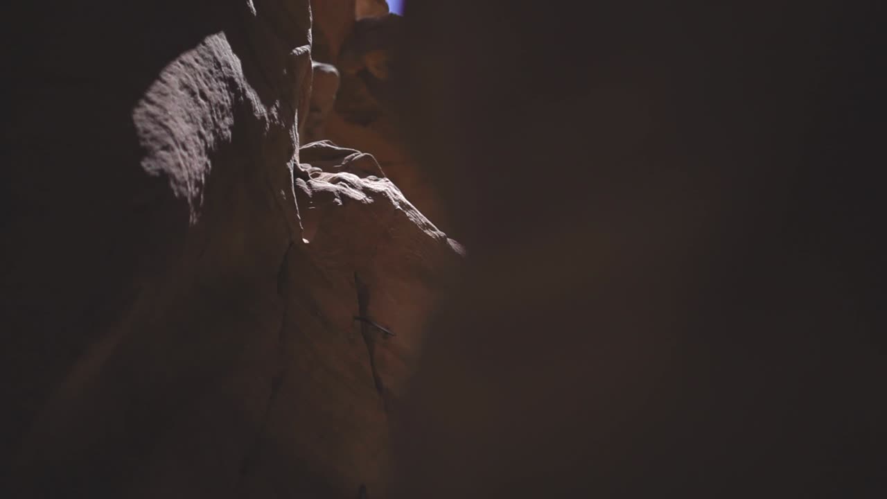 Arid red canyon, valley wall, blue sky, Israel desert, panoramic shot