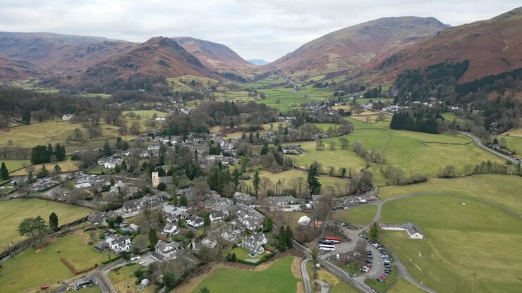 Cinematic 4k video of the Lake District National Park cinematic drone aerial video footage of Grasmere vlllage, probably Cumbria’s most popular tourist village