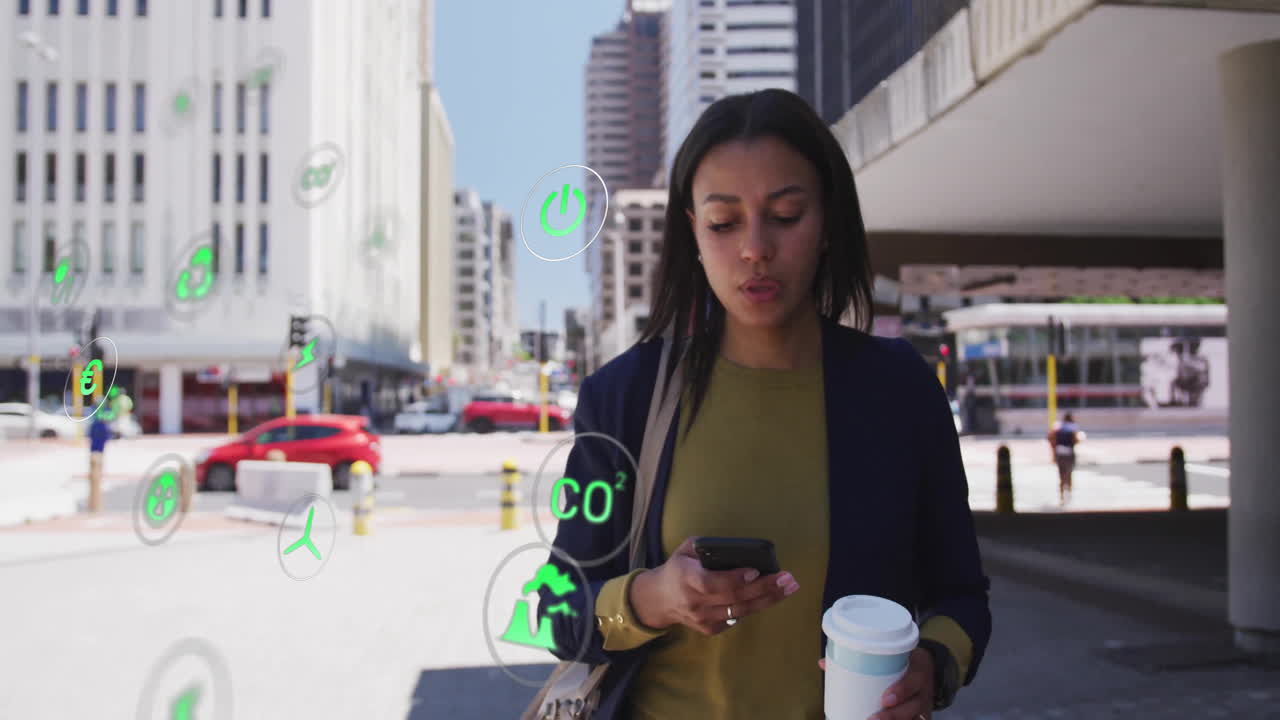 Holding coffee and phone, woman walking in city with animation overlay