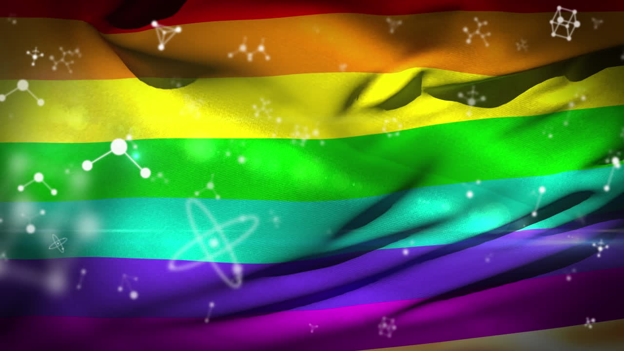 animación de la bandera del arco iris sobre las moléculas que caen