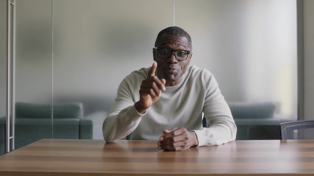 Reacting to question, man in sweater and glasses leaning forward, gesturing at wooden meeting table
