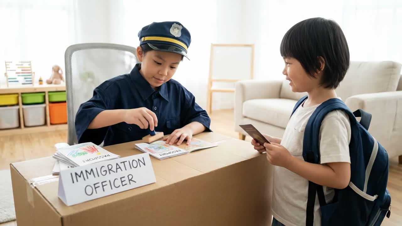 Ragazzini che giocano al ruolo di agente dell'immigrazione e viaggiatore in casa