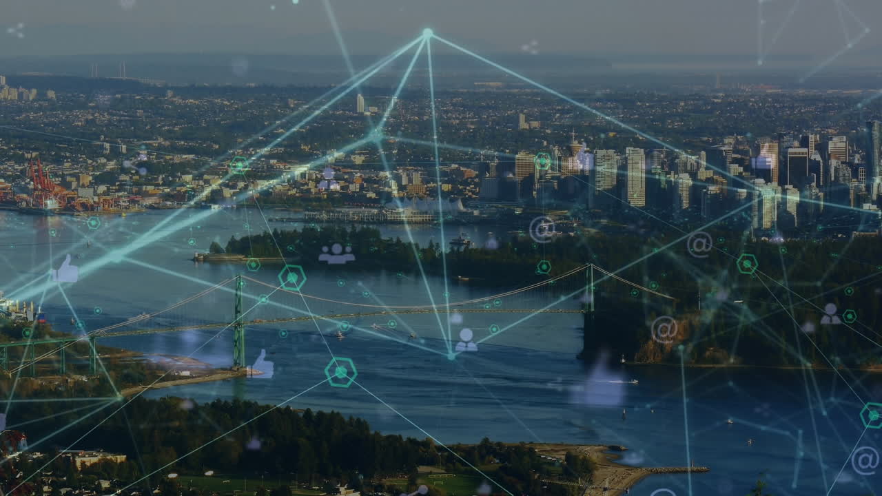 Animation of network of connections over cityscape