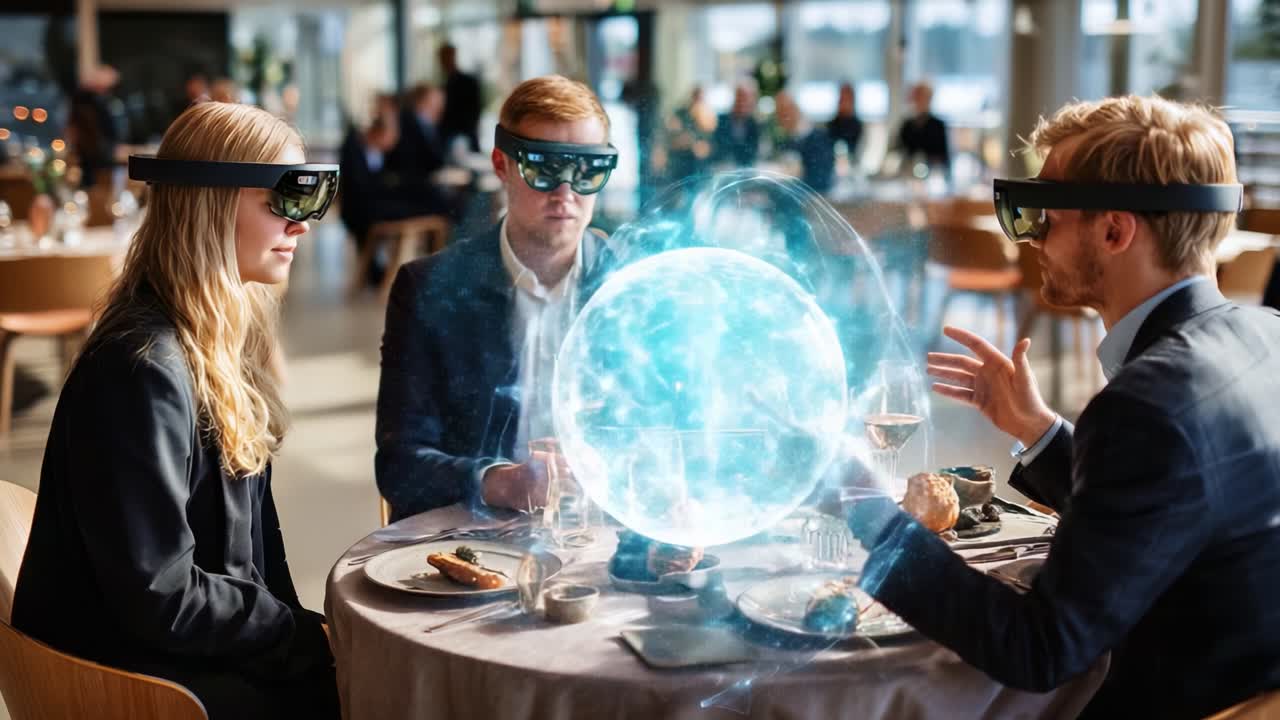 Innovative Dining Experience: Three Guests Utilizing Augmented Reality Glasses to Engage in a Futuristic Culinary Journey while Interacting with Holographic Visualizations