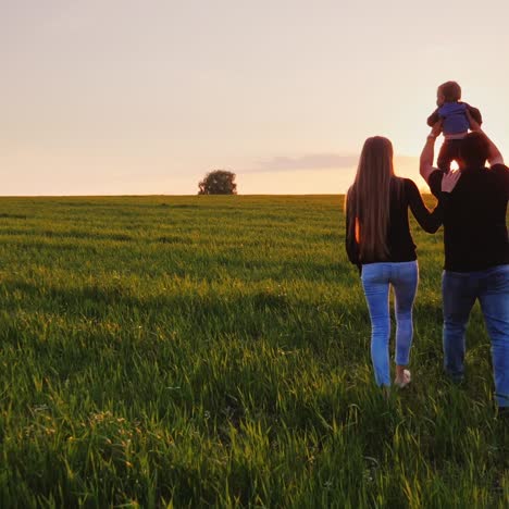 Ein-Junges-Ehepaar-Geht-Bei-Sonnenuntergang-über-Eine-Schöne-Wiese-3