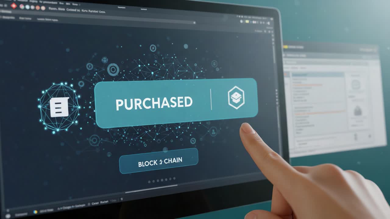 Exploring Blockchain Technology: A User Engaging with a Digital Purchase Interface and Educational Resources in a Modern Online Environment