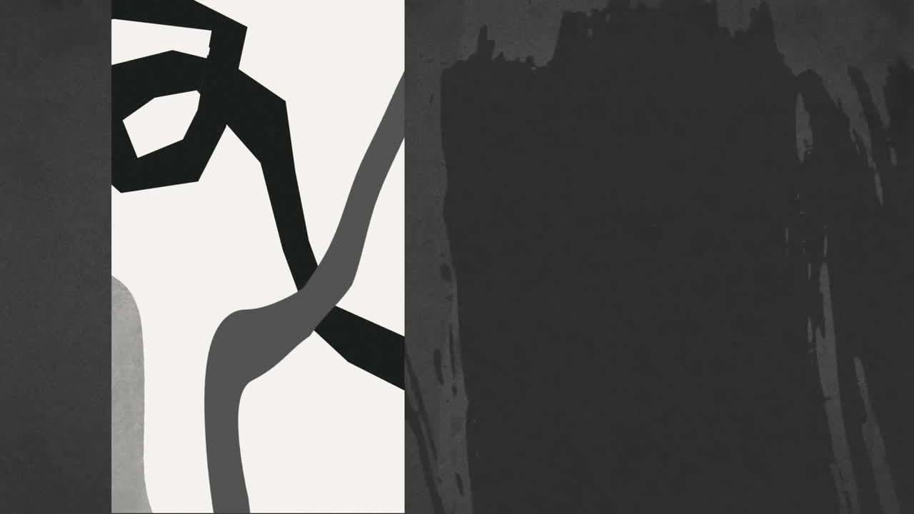 어두운 회색 배경에  ⁇ 박이는 스크래치와 함께 수직 패널에 유기적인 회색 모양의 애니메이션