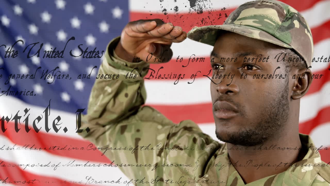 Saluting, soldier with United States flag and Constitution animation in background